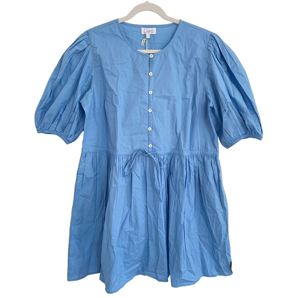 Livro London Blue Button Shirt Mini Dress Puff Sleeves Cotton Poplin Tuckernuck - Picture 3 of 11